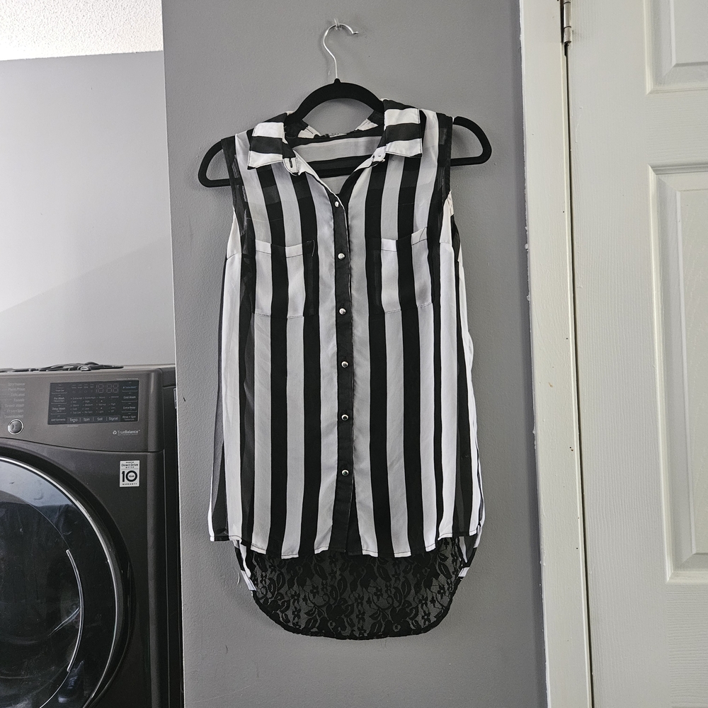 Black and White Striped Blouse With Lace Back